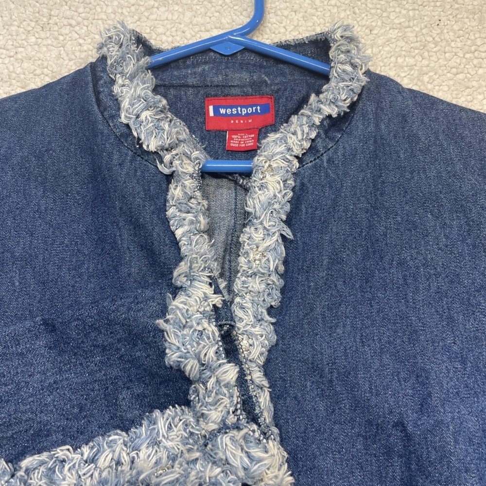 Westport Denim Jacket Womens Large Blue Frayed Trim Full Zip Boho Eyelash Fringe